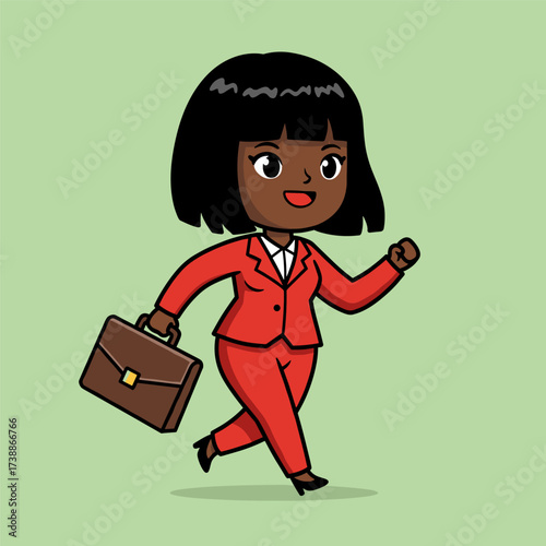 Cartoon woman in red suit walking energetically with a brown briefcase, smiling on light green background.
