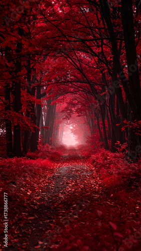 Atmospheric photo of a dark red forest, eerie lighting, and creepy surreal ambiance, evoking fantasy or horror vibes in a moody autumn landscape.