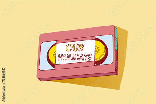 Vibrant Retro VHS Video Cassette Tape with 'Our Holidays' Label on Yellow Background
