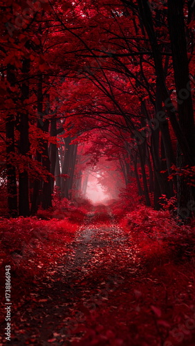 Atmospheric photo of a dark red forest, eerie lighting, and creepy surreal ambiance, evoking fantasy or horror vibes in a moody autumn landscape.