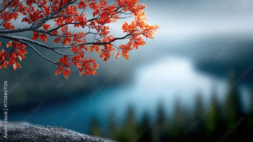 Fototapeta premium Beautiful autumn landscape with scenic mountain view tranquil river vibrant trees clear sky and peaceful reflection creating stunning outdoor scenery