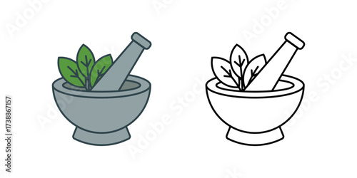 Herb mortar icon with a mortar and pestle crushing fresh herbs. Ideal for cooking, herbal preparation, and kitchen themes.