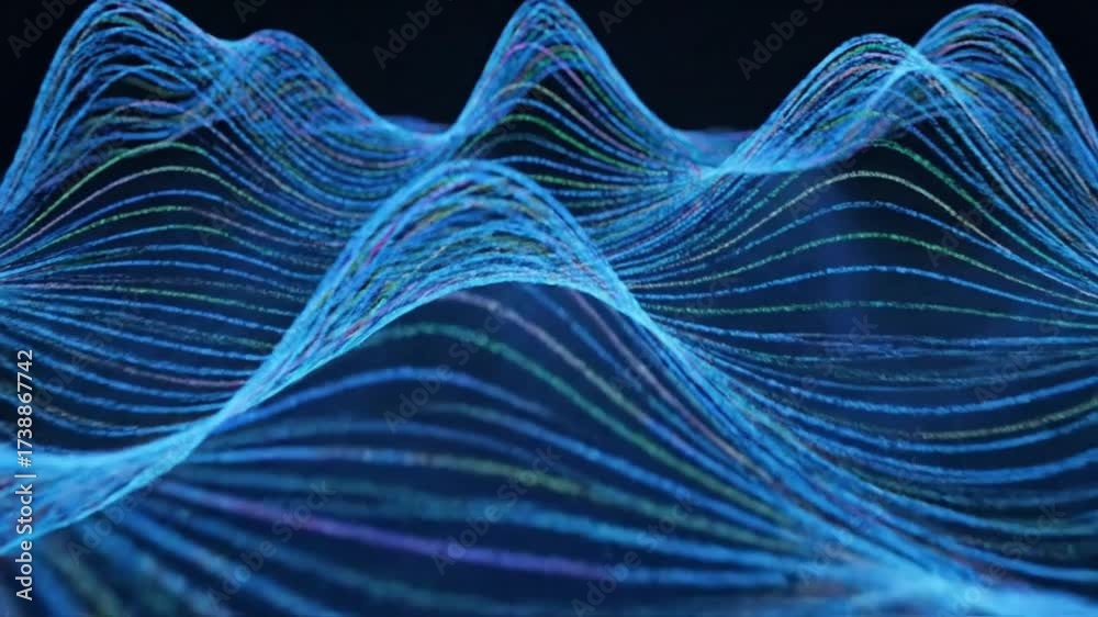 Abstract visualization of flowing blue digital waves creating a landscape of light and data.