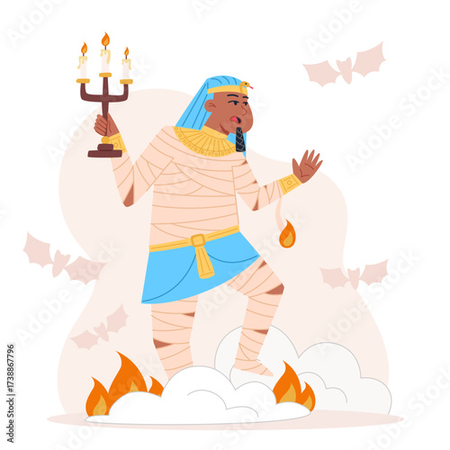 Pharaoh mummy with candelabra on fire with bats