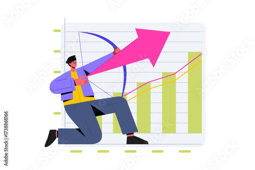 Person with bow and arrow aims at rising arrow graph