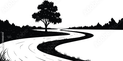 Scenic countryside illustration with winding road, tree silhouette, grassy landscape, black vector artwork, rural nature background, eco design, outdoor graphic resource