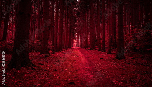 Atmospheric photo of a dark red forest, eerie lighting, and creepy surreal ambiance, evoking fantasy or horror vibes in a moody autumn landscape.