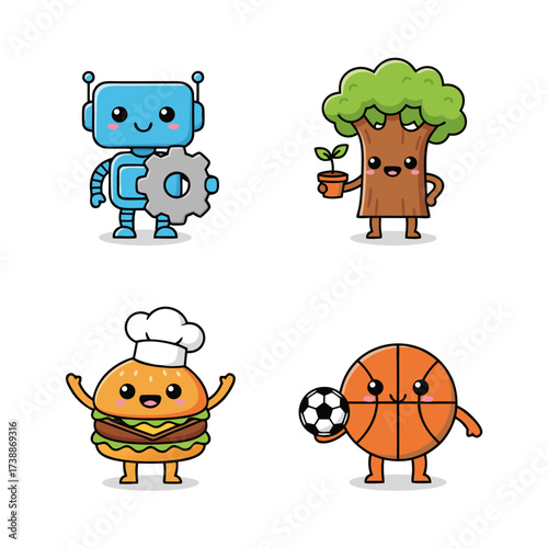 Cute Kawaii Characters Robot, Tree, Burger, and Basketball