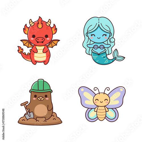 Adorable Cartoon Creatures Dragon, Mermaid, Mole, and Butterfly in Delightful Designs
