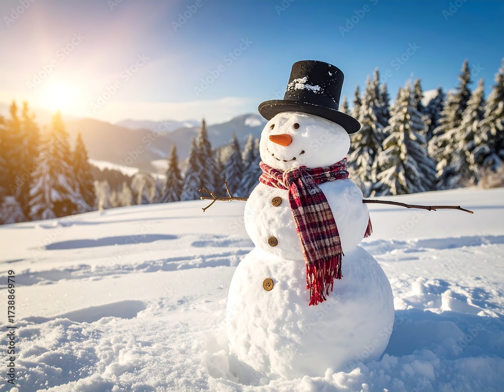 Obraz premium Snowman in snowy landscape at sunrise