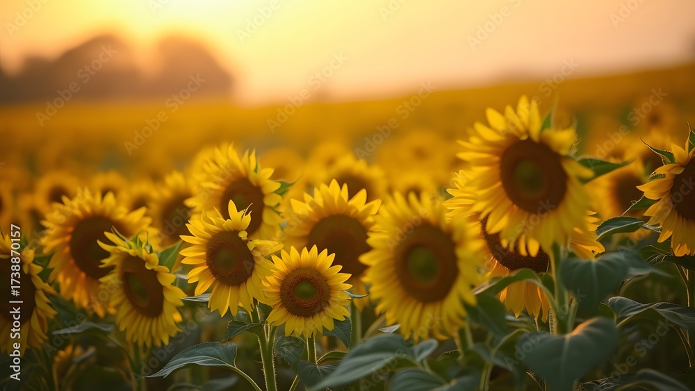Fototapeta premium Vibrant Sunflower Field at Sunset Golden Hour Photography