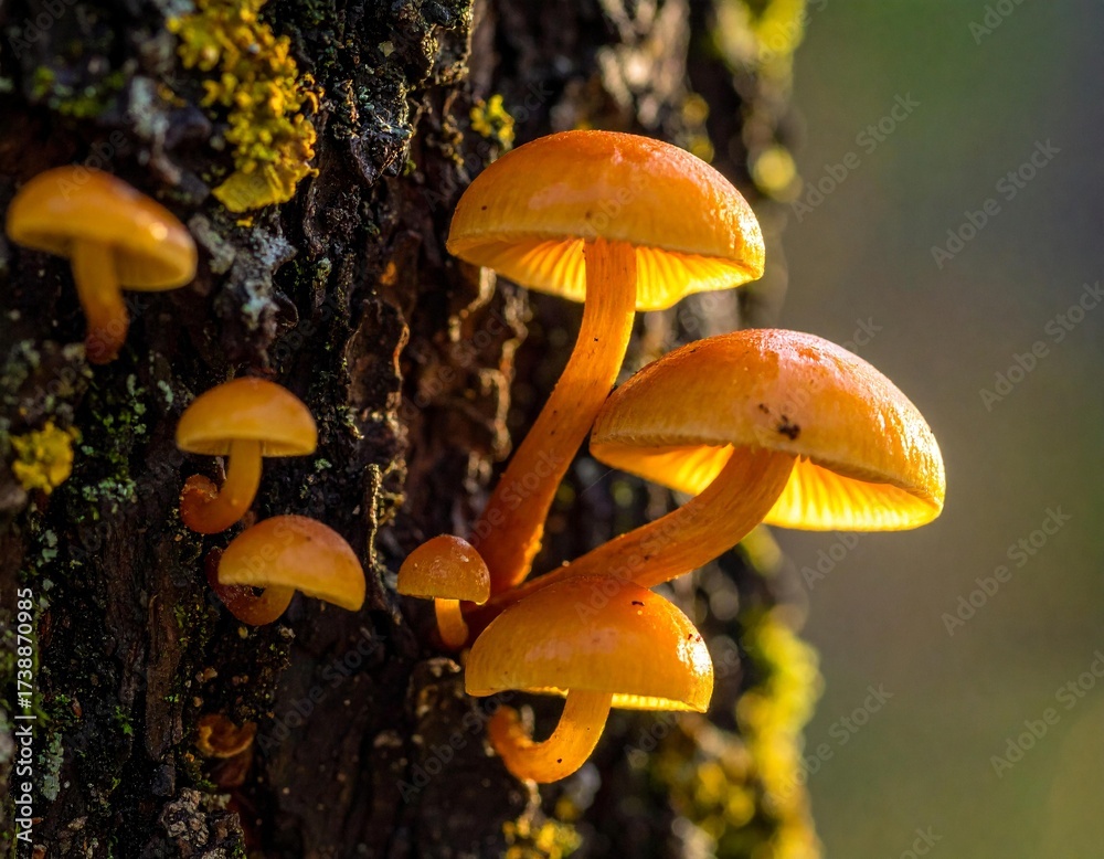 Fototapeta premium Tree Bark with Small Orange Mushrooms Attached
