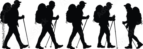 Silhouette group of hikers walking with backpacks and trekking poles, outdoor adventure, camping journey, mountain climbing, travel exploration vector illustration
