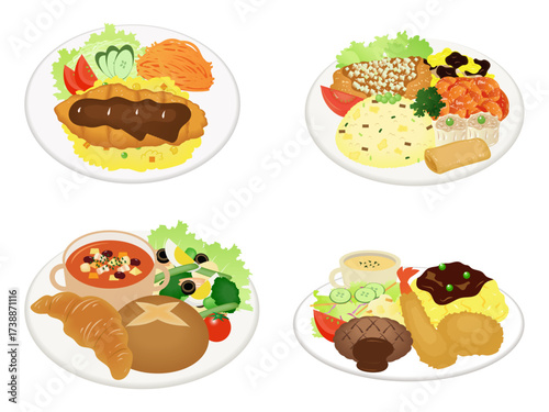 Four plates of diverse meals with vegetables, bread, soup, and fried dishes presented as illustrations.