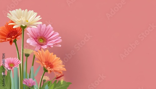 Colorful gerbera daisies in full bloom arranged against a pastel pink backdrop