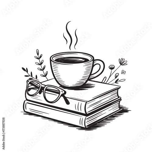 Cozy Still Life A Cup of Coffee Resting on Books with Flowers and Eyeglasses in a Black and White Sketch