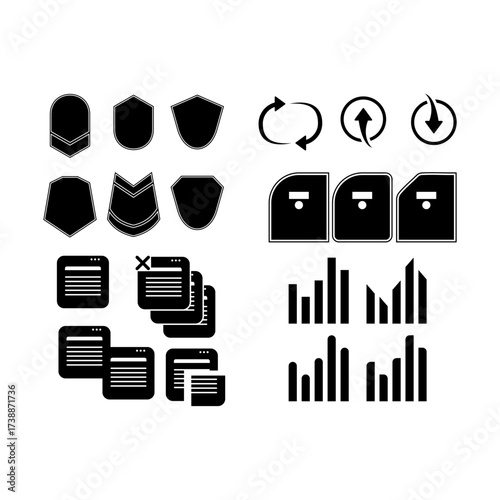 A versatile collection of modern black flat design vector icons for user interface, data analysis, security, and document management applications