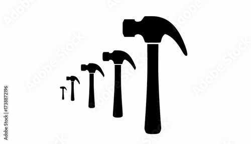 Four black hammers of varying sizes in a row.
