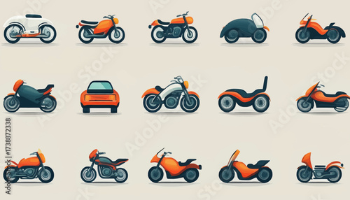 Collection of cartoon-style motorcycle and car illustrations in various designs, angles, and colors, primarily orange, black, and white, arranged in a grid on a light background.