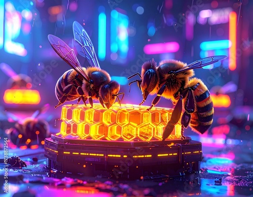 Futuristic Holographic Beehive Honeypot Surrounded by Neon Hackers