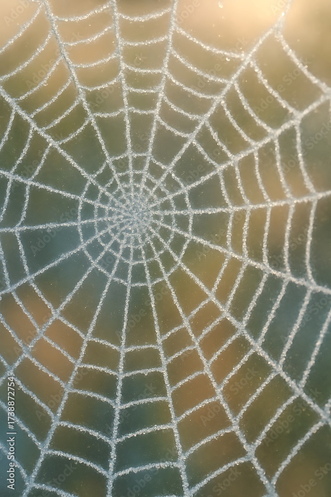 Obraz premium Macro View of Spiderweb Covered in Morning Dew or Frost