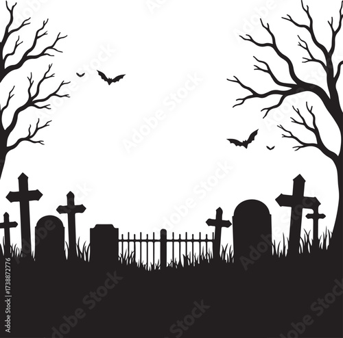 Black silhouette cemetery scene with bare trees and bats