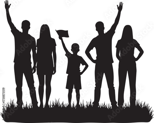 Black silhouette family and child with flag on grass