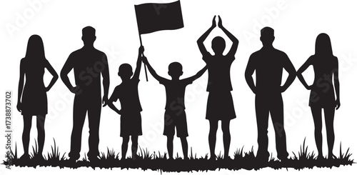 Black silhouette family group with flag and raised hands