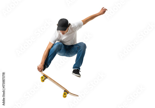 A skater performs an impressive ollie trick on a skateboard in motion, showcasing skillful athleticism