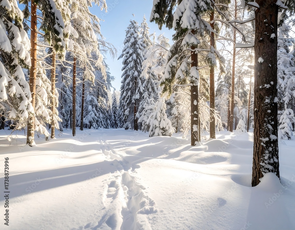 Obraz premium Snowy forest path bathed in sunlight