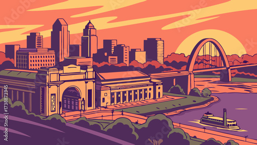 Painting showcases kansas city skyline and union station glowing at sunset. Suitable for travel, cityscape, and kansas citythemed designs.
