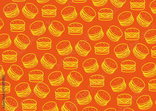 Hamburger illustration pattern with orange background, food packaging, menu illustration