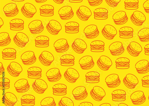 Hamburger illustration pattern with yellow background, food packaging, menu illustration