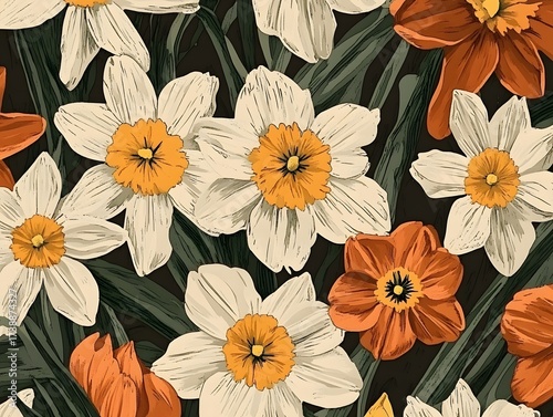 Elegant Daffodil Floral Pattern Botanical Illustration