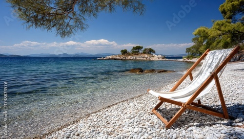 Serene beach scene with a vacant chair overlooking clear water, pebble shore, island view