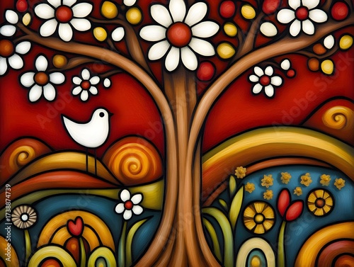 Whimsical Floral Tree with Bird, Abstract Nature Painting