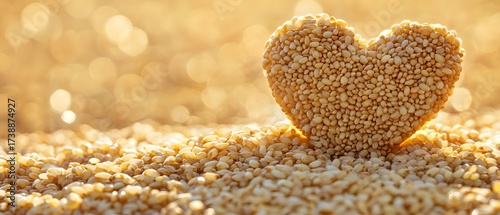 Golden Heart Shaped Rice Grains on Pile of Rice