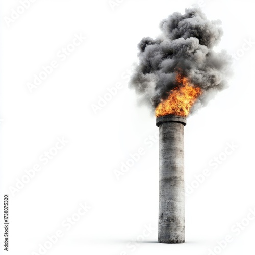 Industrial Chimney Emitting Smoke and Flames Against White Background