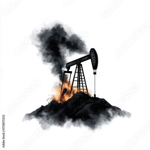 Oil Pump Jack on a Mountain with Smoke and Flames in Background