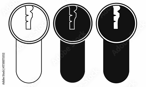 Pin tumbler lock cylinder or Yale lock vector icons in outline and silhouette style. Keyhole barrel design for security, locksmith, door hardware, access control, and safety concept.
