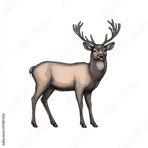 Detailed Illustration of a Majestic Deer with Antlers in Profile View