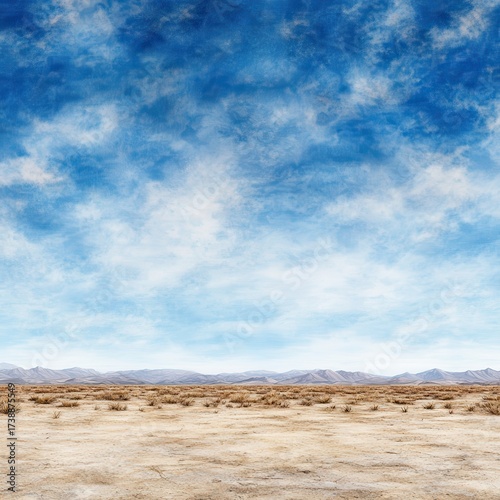 Vast Desert Landscape with Blue Sky and Fluffy White Clouds