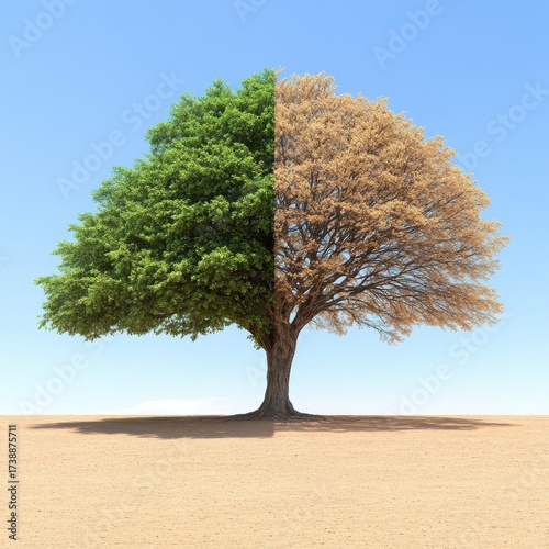 Half Green Tree and Half Brown Leafless Tree in Dry Landscape