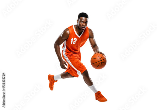 A basketball player dribbling the ball in an orange uniform. The athlete demonstrates focus and energy, poised for a dynamic move on the court