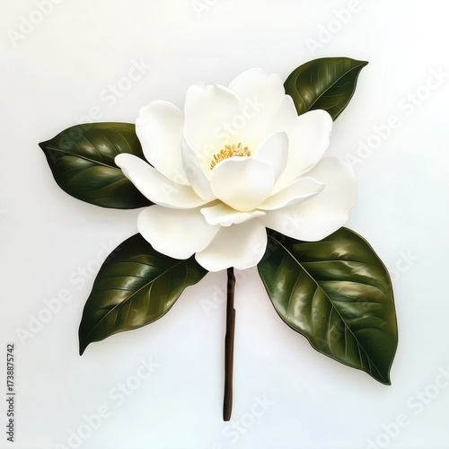 Elegant White Magnolia Flower with Green Leaves on Branch