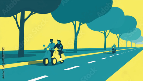 Scooter Ride on Asphalt Roads Illustrator Artwork Banner Background Design Template 