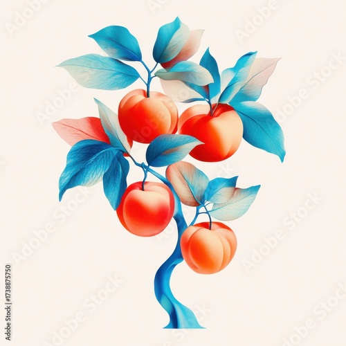Colorful Artistic Illustration of a Peach Tree with Leaves and Fruits