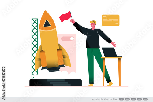 Rocket launch with person holding flag and laptop