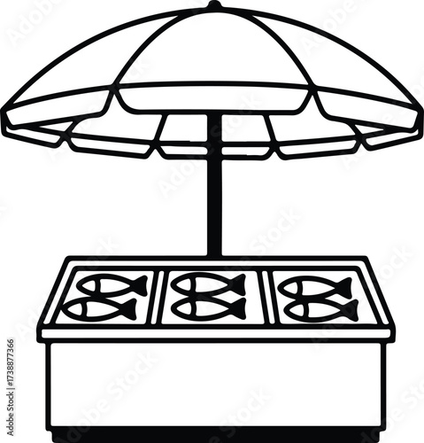 Vector silhouette fish market stand with umbrella illustration