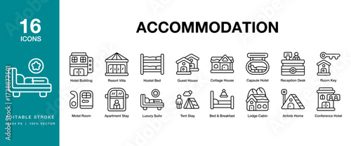 Accommodation icon set. Includes accommodation, travel, room, hotel, vacation and More. Editable Stroke Icon Collection.